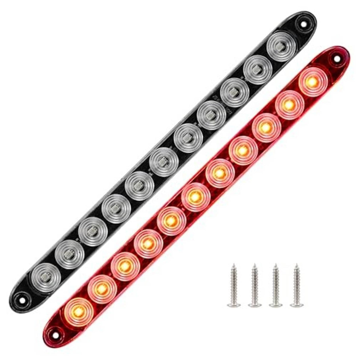 Red LED trailer light bar with black housing and circular LED rows; included mounting screws shown