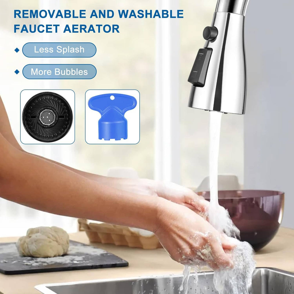 Removable faucet aerator head with black faceplate for reduced splash and more bubbles
