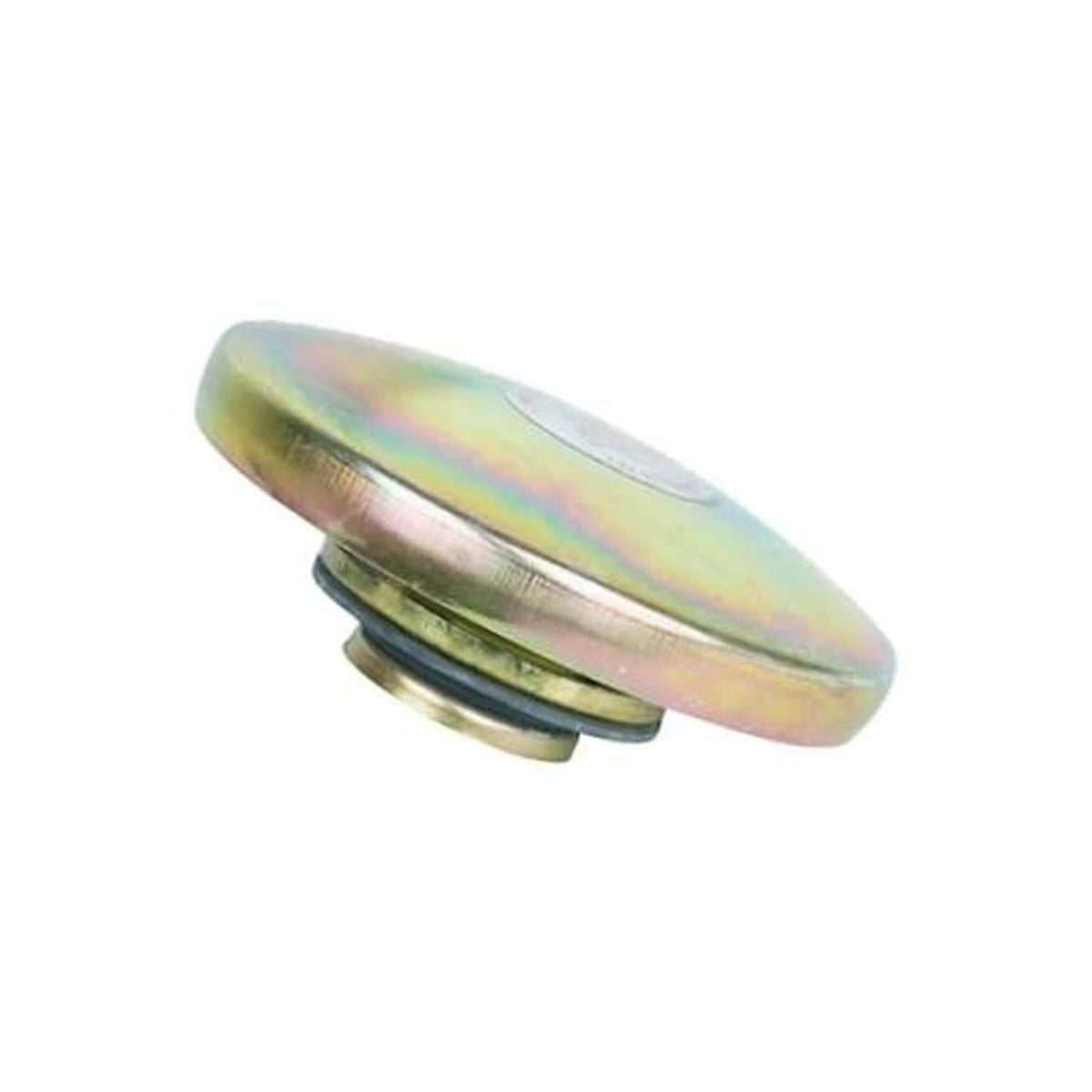 Metal tank vent cap with rainbow iridescent finish and black seal ring