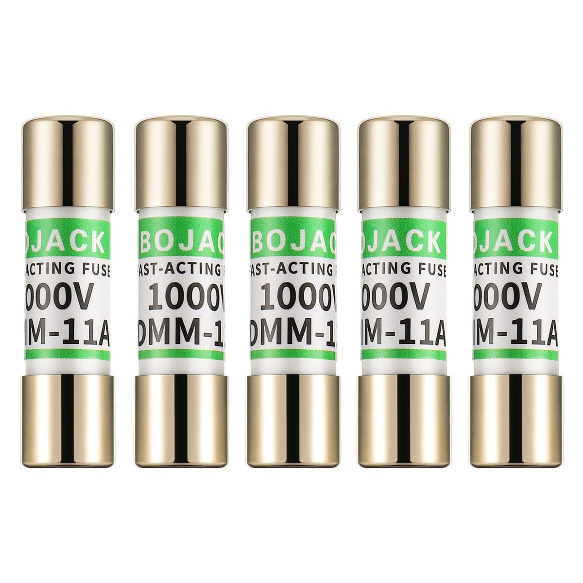 Pack of five replacement multimeter fuses with green 1000V DMM-11A labels