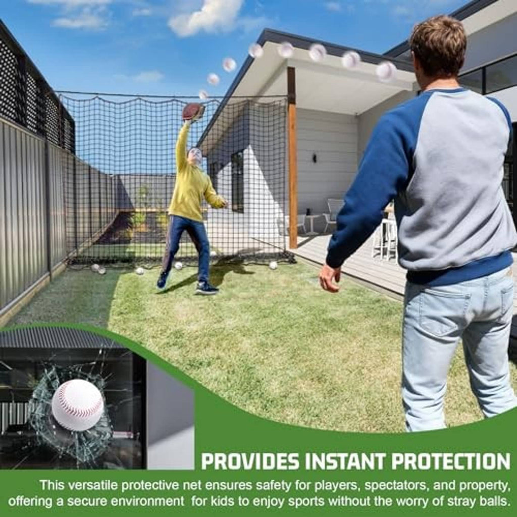 Backstop net barrier for yard practice, held up around an outdoor baseball throwing area