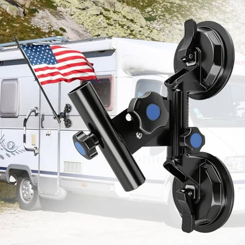 Black dual-suction RV flag pole holder with adjustable mount arms and pivoting bracket