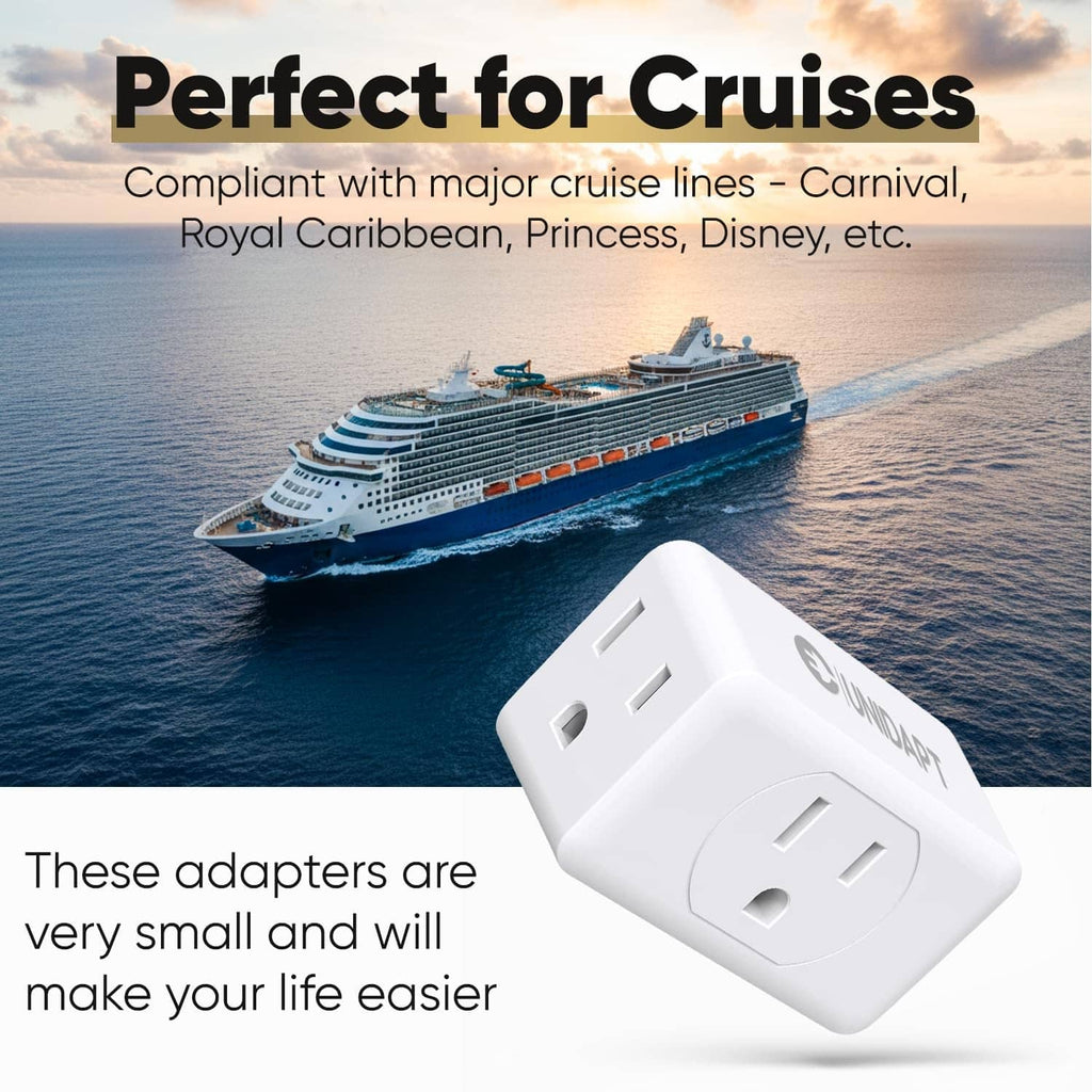 Compact white 3-way plug adapter for wall outlets with grounded ports