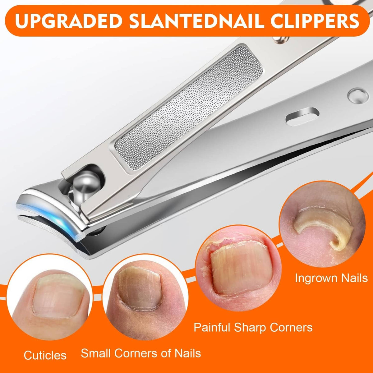 Upgraded slanted toenail clipper with textured nail file bar and curved blade