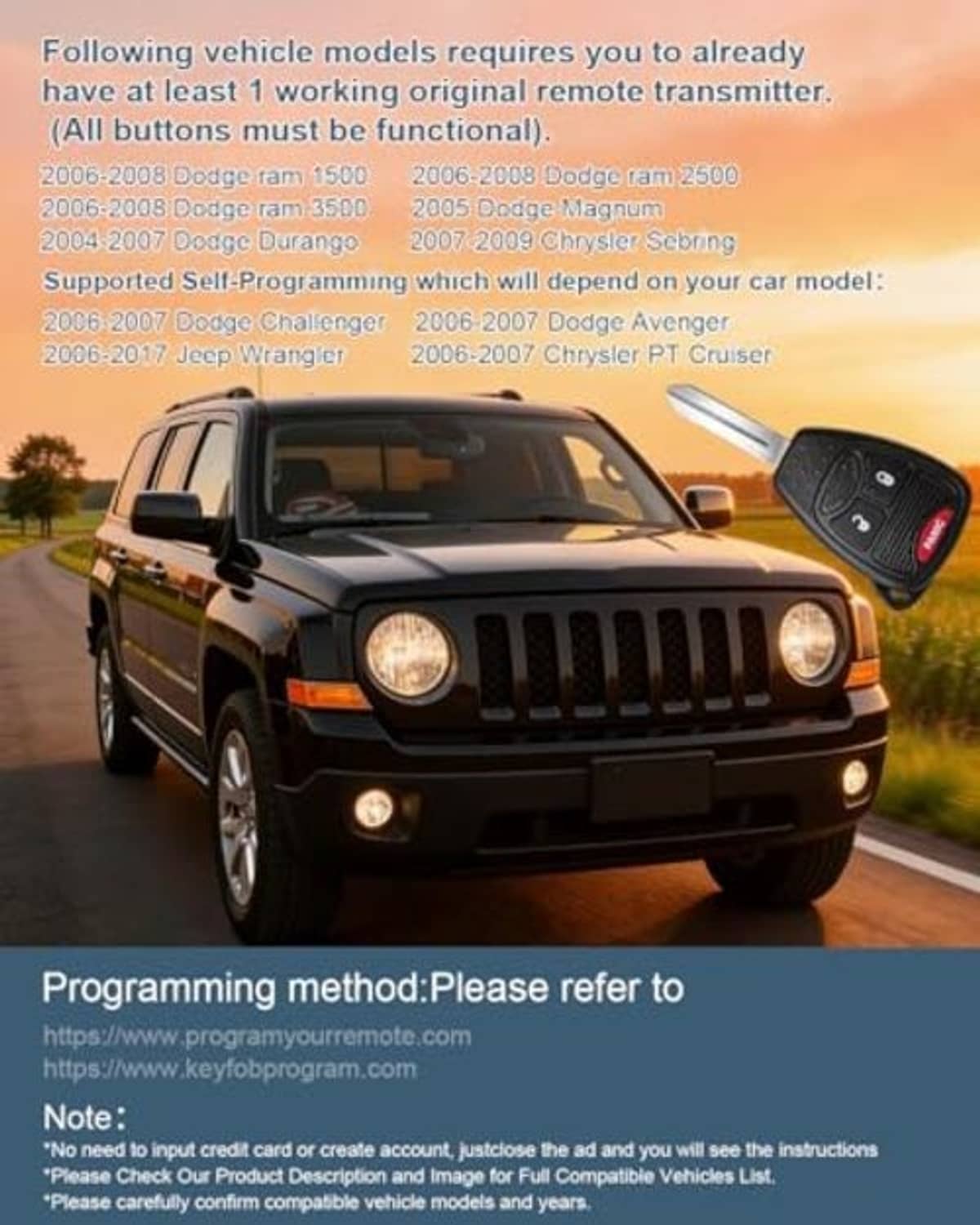 Black remote key fob with metal blade and red Panic button near a pickup truck