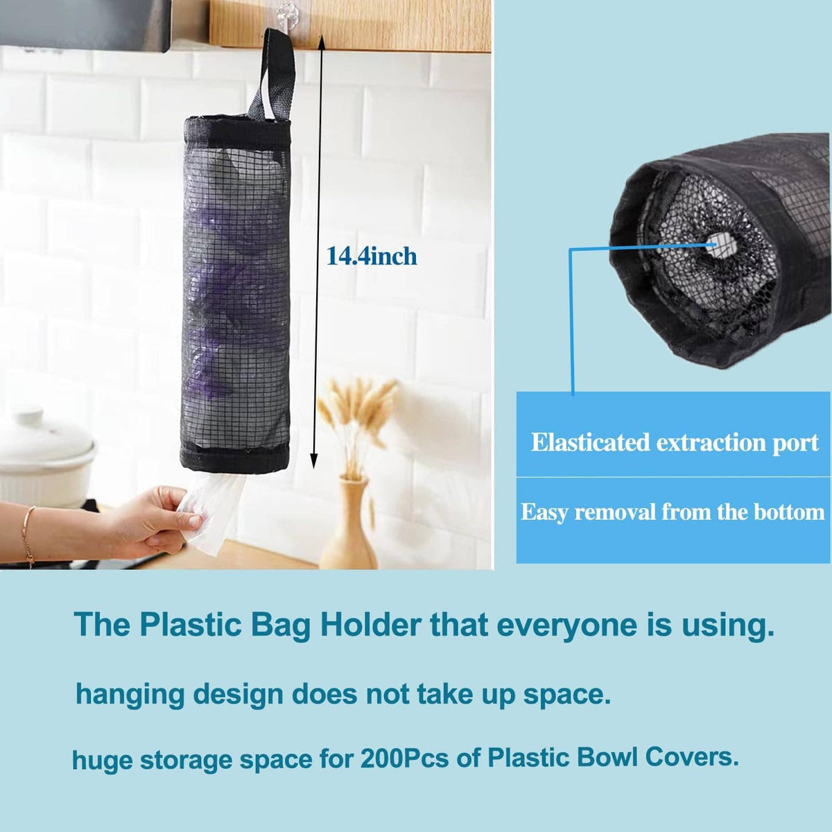 Black storage bag with elastic pull-out port for plastic bowl covers