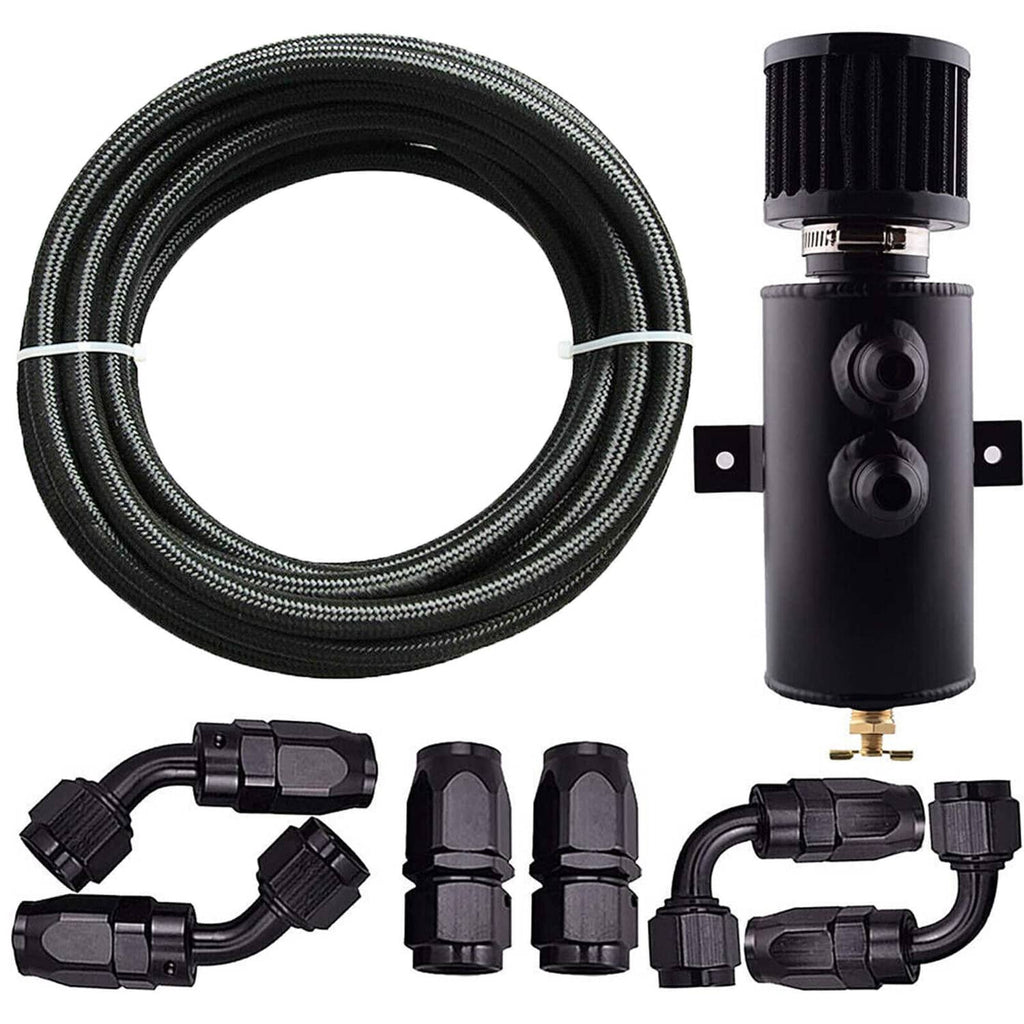 Oil catch can reservoir tank with dual ports, braided hose, and black fittings