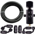 Oil catch can reservoir tank with dual ports, braided hose, and black fittings