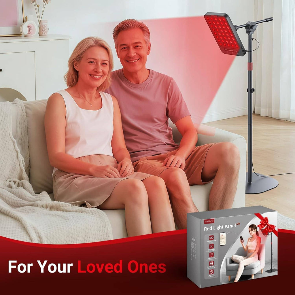 Red light therapy lamp on floor stand with couple sitting and product box foreground