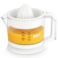 Dual electric citrus juicer machine with clear pitcher, white reamer, and yellow juice