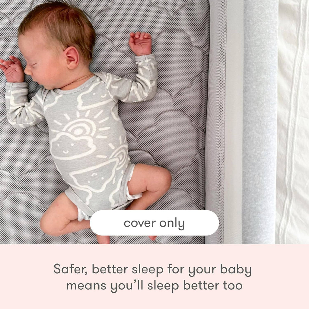 Grey breathable bassinet cover with quilted cloud pattern and side zipper seam