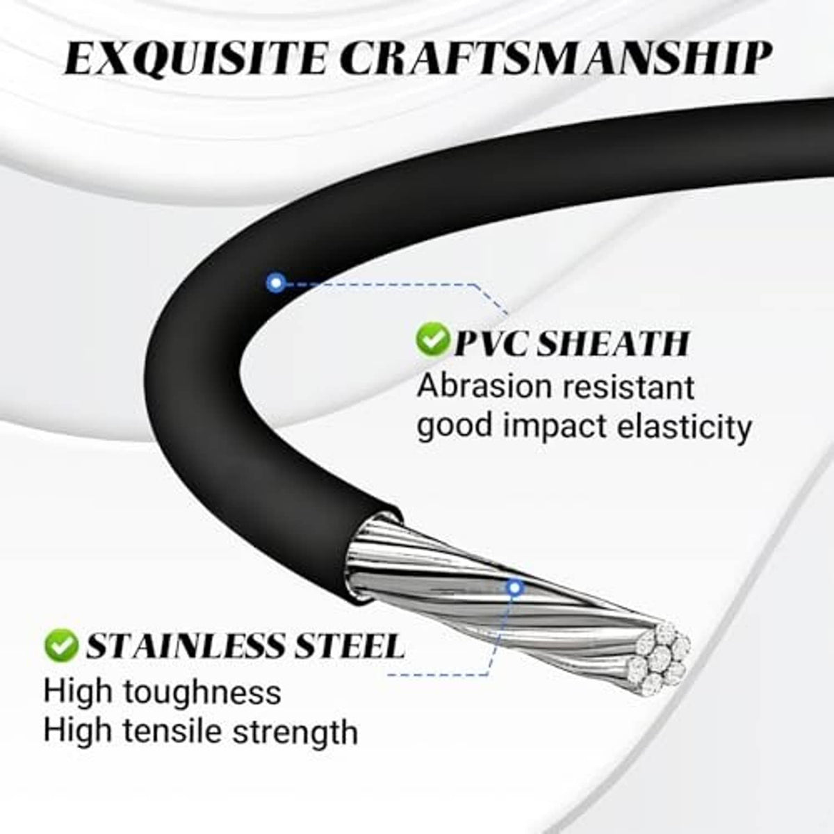 Door latch release cable with black PVC sheath and stainless steel core