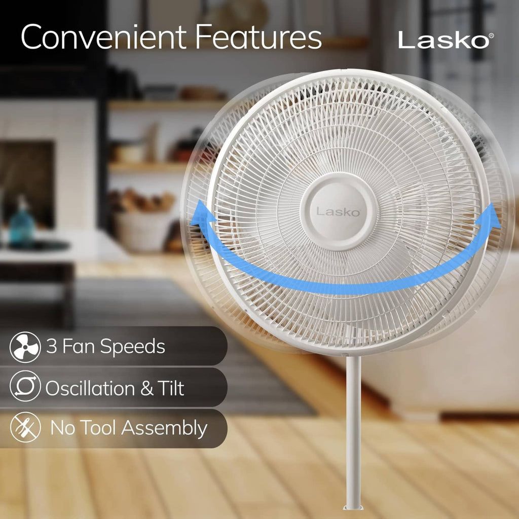 Lasko white oscillating stand fan head with circular grille.