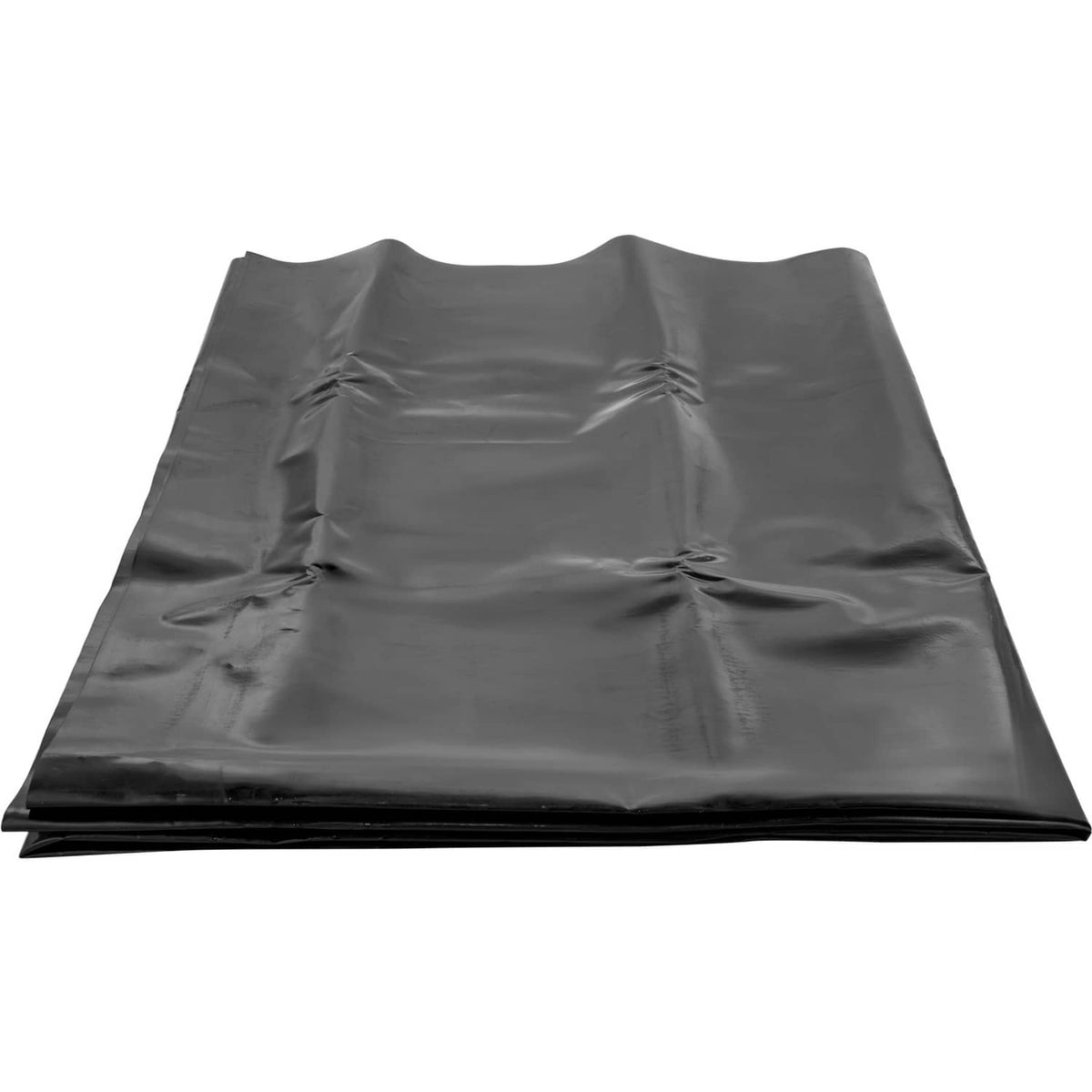 Black pond liner sheet, flat laid out with visible folds and creases