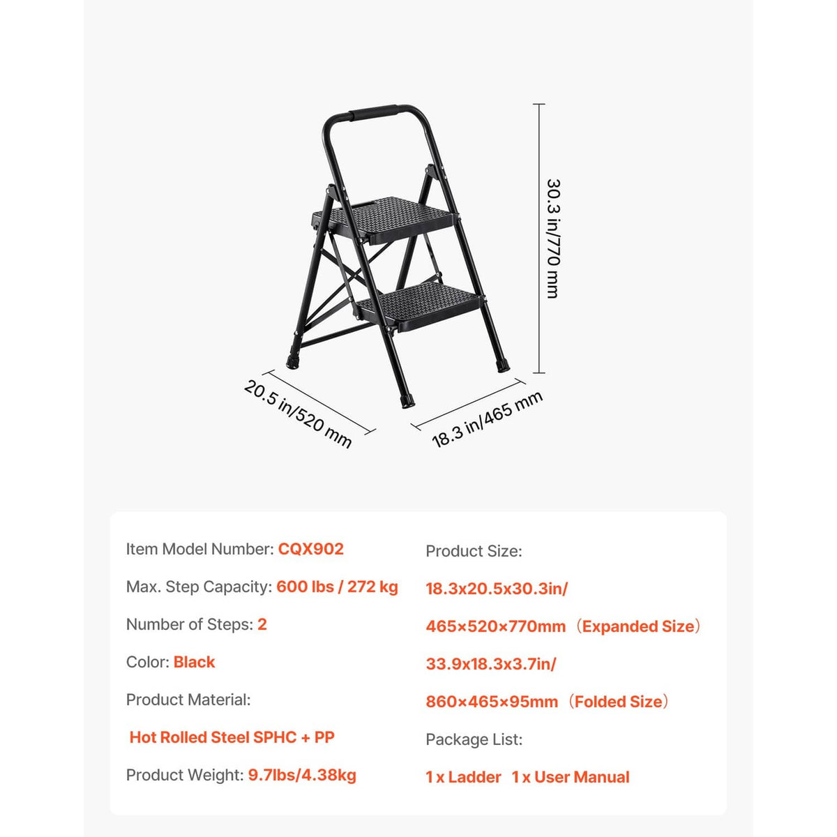 Black 2-step folding ladder with wide steps, top handrail, and folding legs