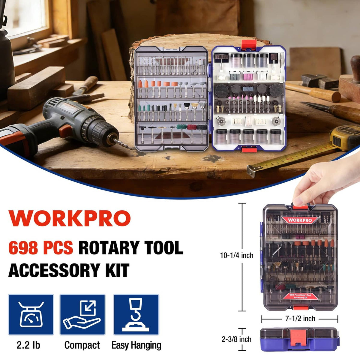 Rotary tool accessory kit with assorted bits and tools in open case on workbench