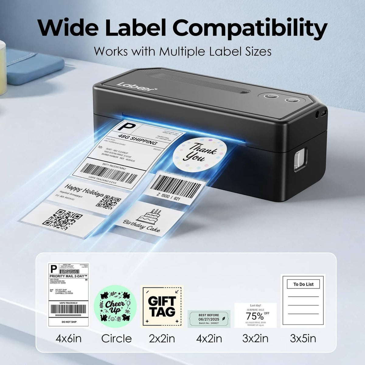 Black thermal label printer with multiple size label examples including 4x6