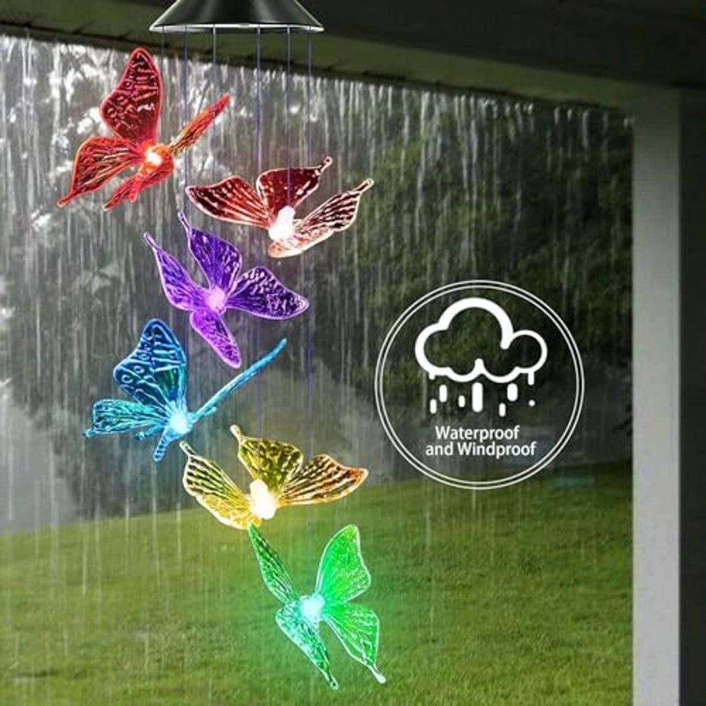 Solar butterfly wind chimes with waterproof design and glowing multi-color LED butterflies