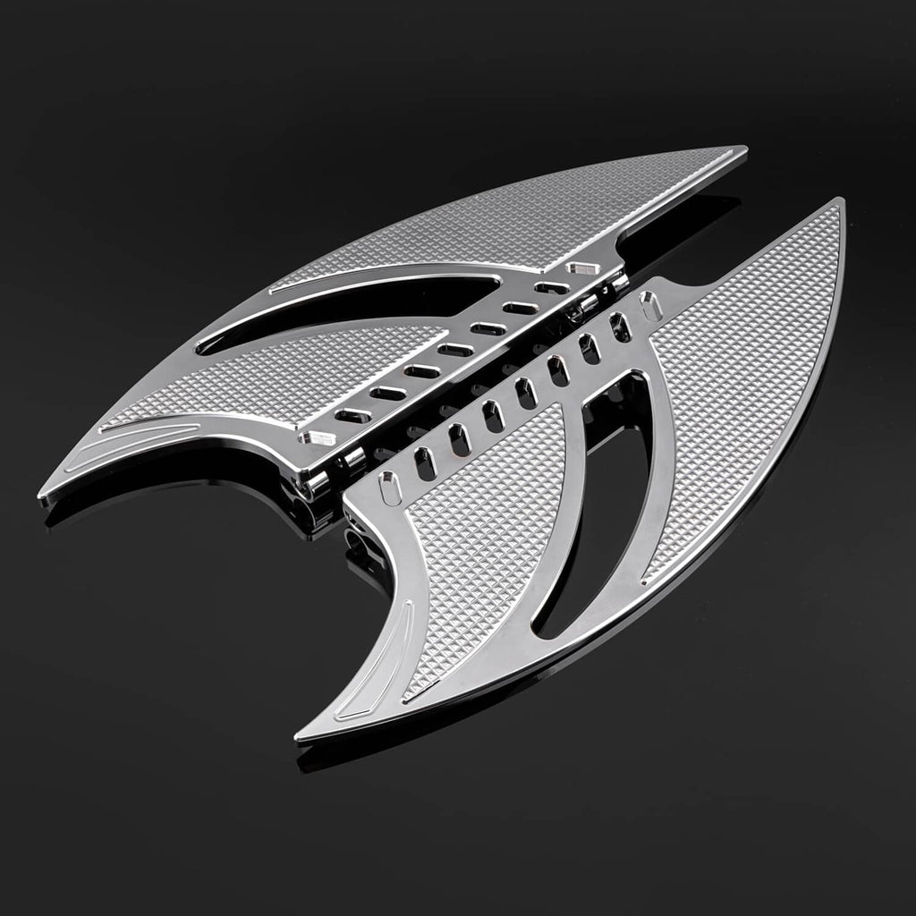 CNC motorcycle floorboards with textured diamond plates, perforations, and mounting bracket
