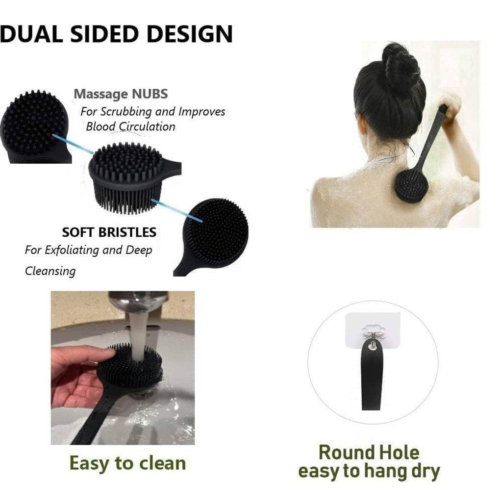 Dual-sided black silicone back scrubber with long handle and round massage heads.