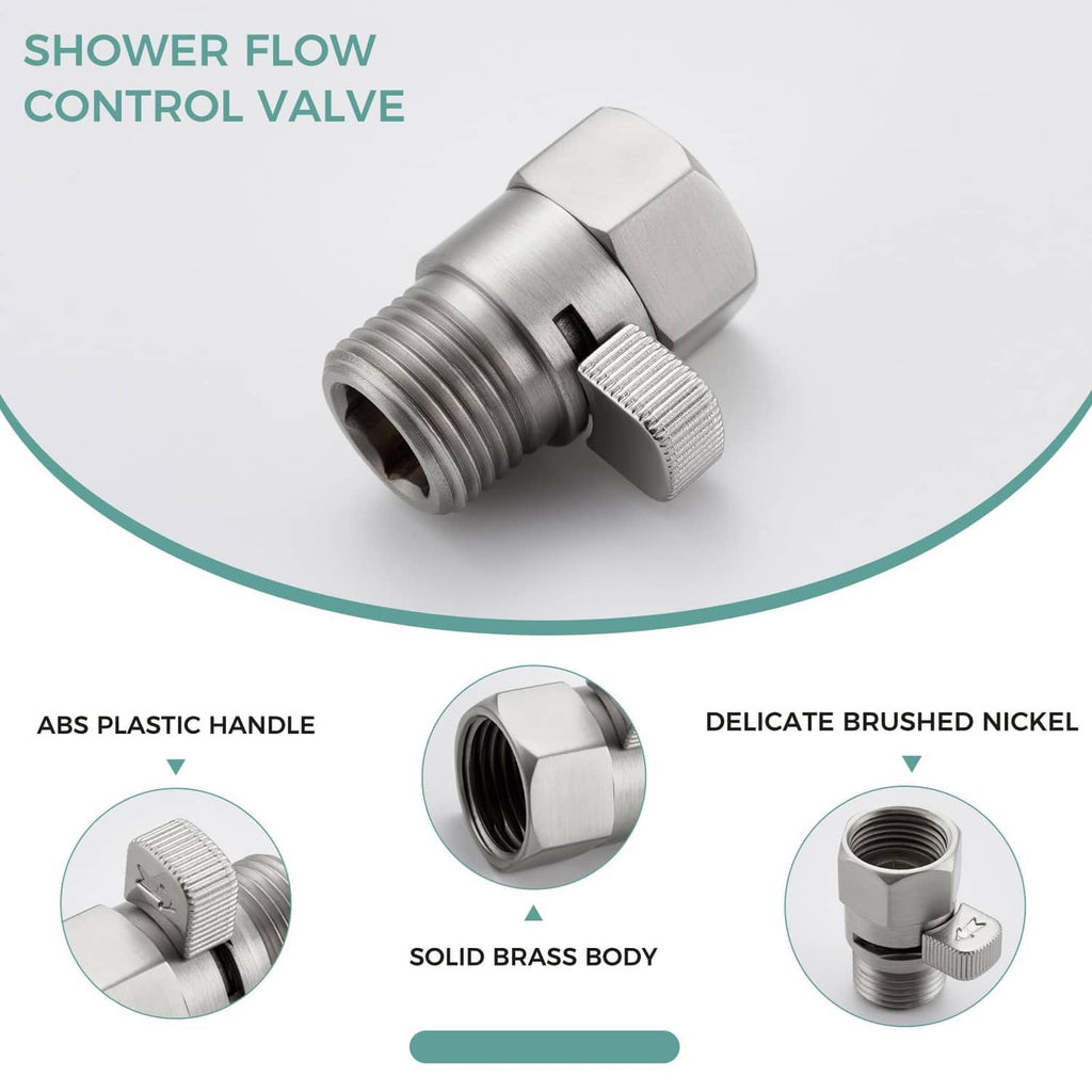 Solid brass shower flow control valve with ABS plastic handle and brushed finish