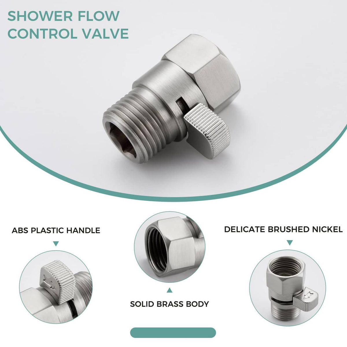 Solid brass shower flow control valve with ABS plastic handle and brushed finish