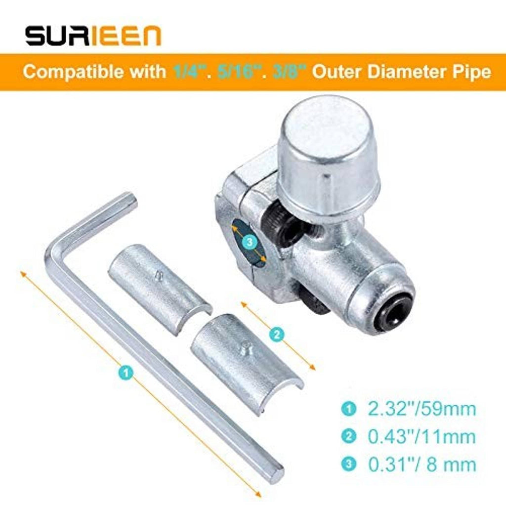 Piercing valve body with metal U-shaped tools and size guide for compatible pipe diameter