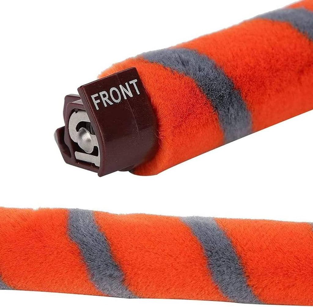 Front end of orange roller brush with gray stripes and red cap