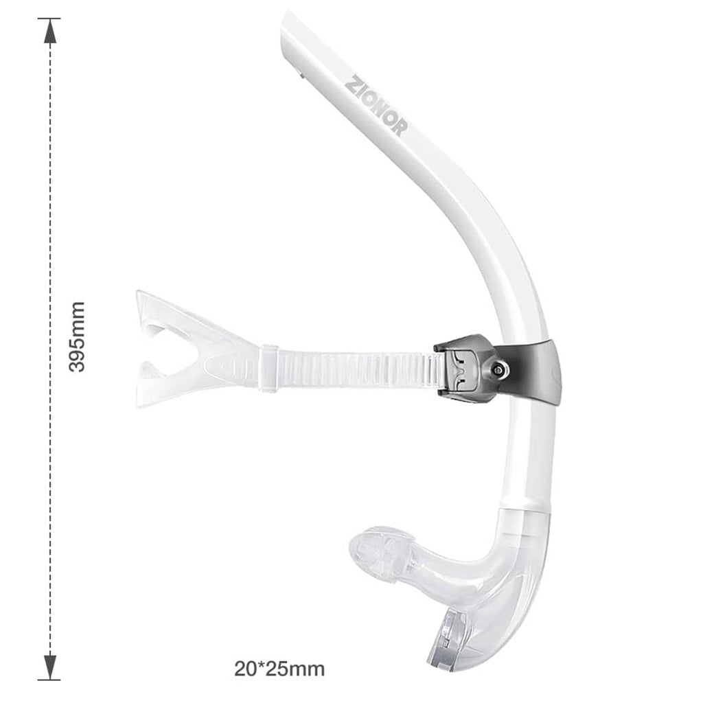 White front-mount swim snorkel training tube with size dimensions