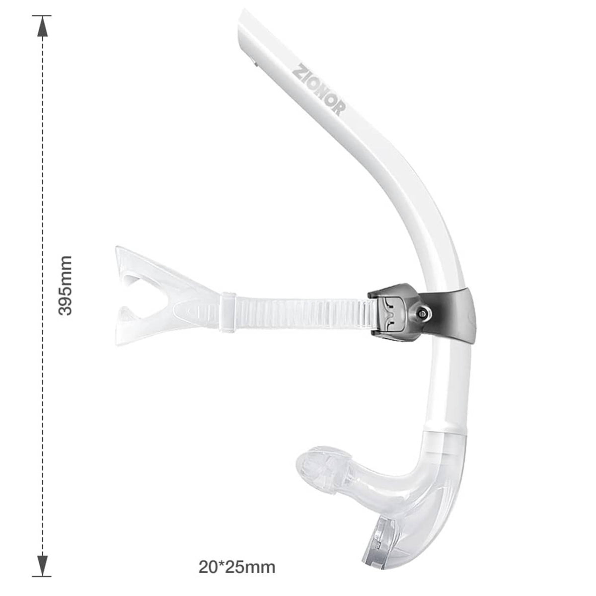 White front-mount swim snorkel training tube with size dimensions