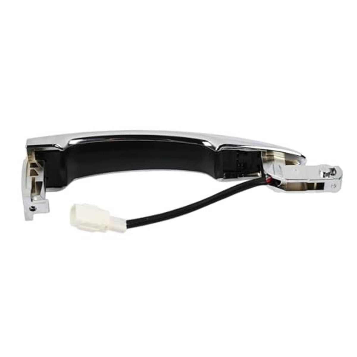 Front passenger door handle assembly with black wiring harness and chrome cover