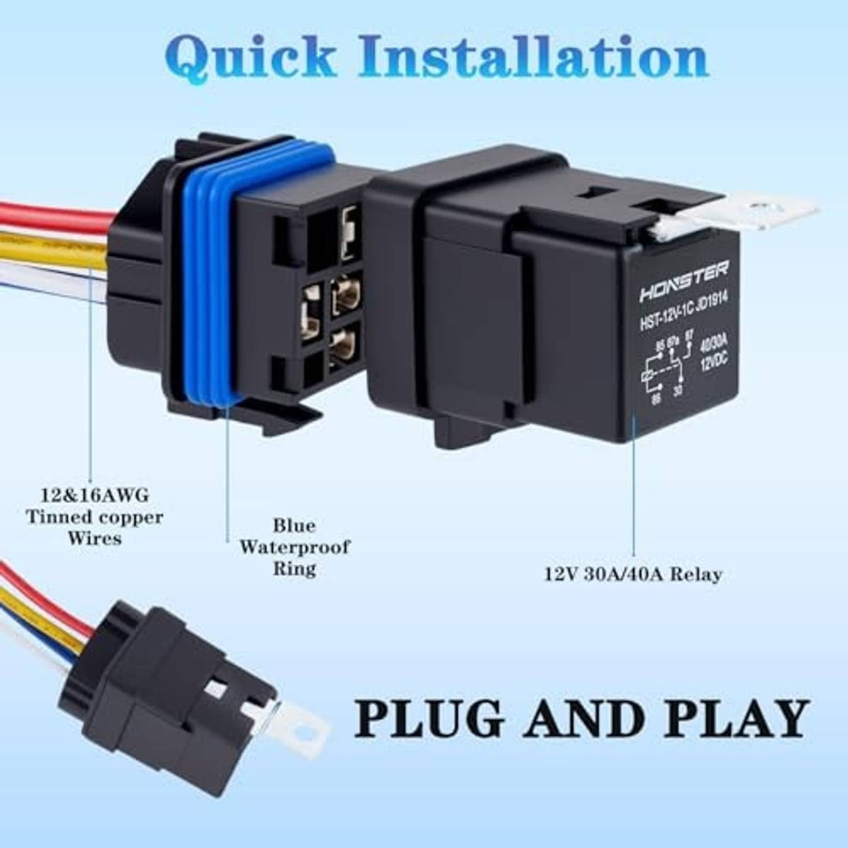 12V 5-pin relay socket assembly with blue harness connector and terminal pins