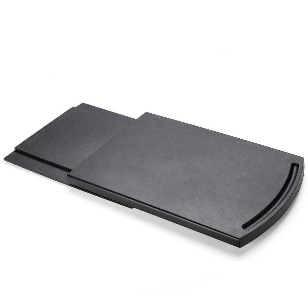 Sliding coffee maker caddy tray, dark gray with curved edge grip and raised lip