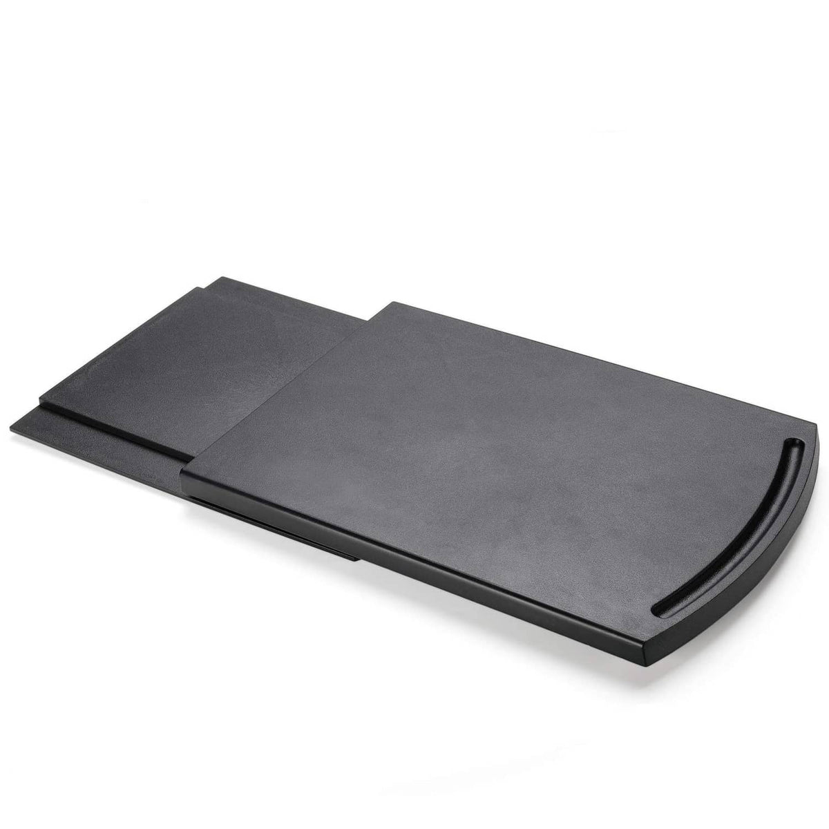 Sliding coffee maker caddy tray, dark gray with curved edge grip and raised lip