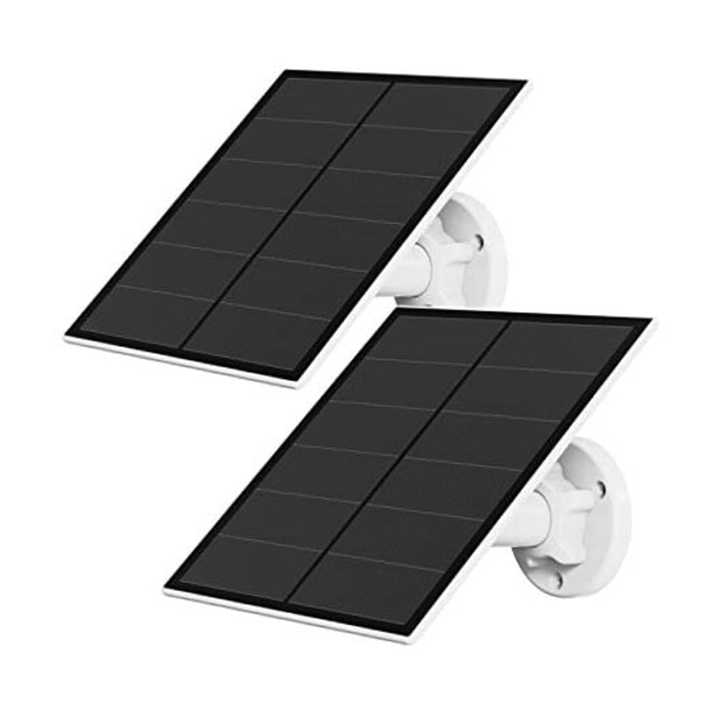Dual solar panel kit with two dark photovoltaic panels and white wall-mount brackets