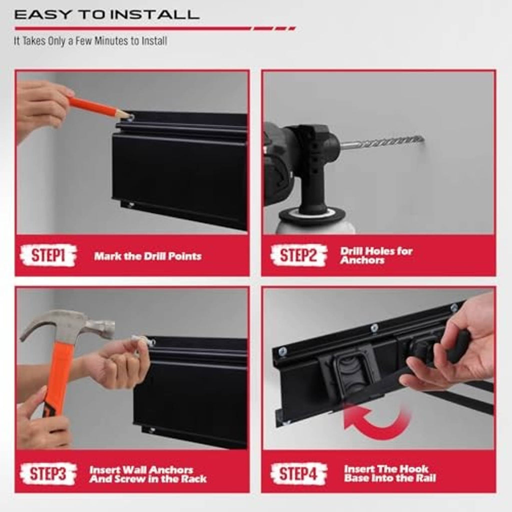 Black garage wall organizer installation shown with wall anchors and rail mounting hardware
