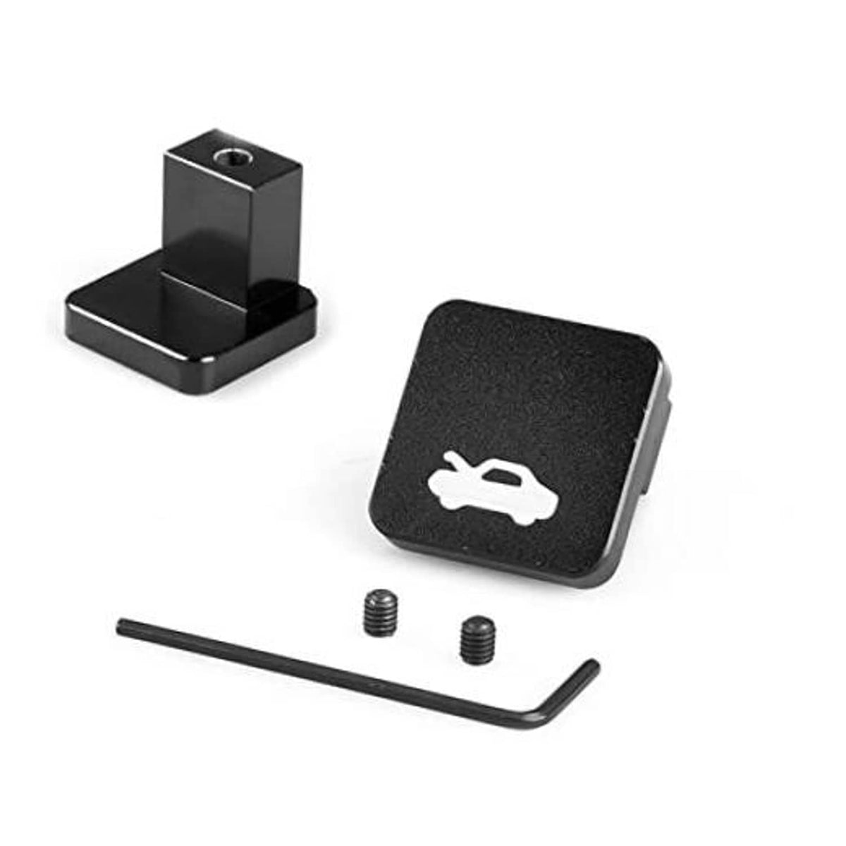 Car hood release latch handle repair kit: black latch cover, base, screws, Allen key.