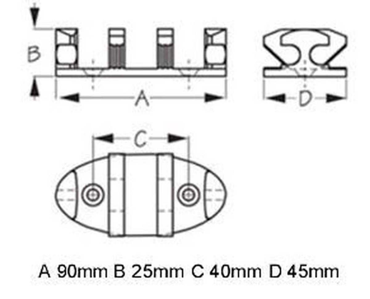 Mounting cleat size diagram with labeled measurements A, B, C, and D