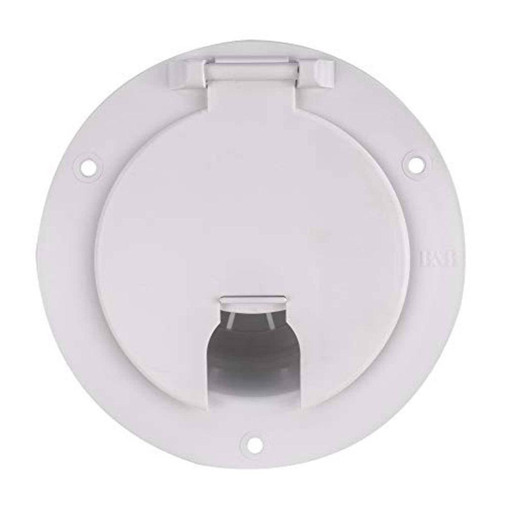 White RV power cord hatch cover back plate with circular rim and inlet