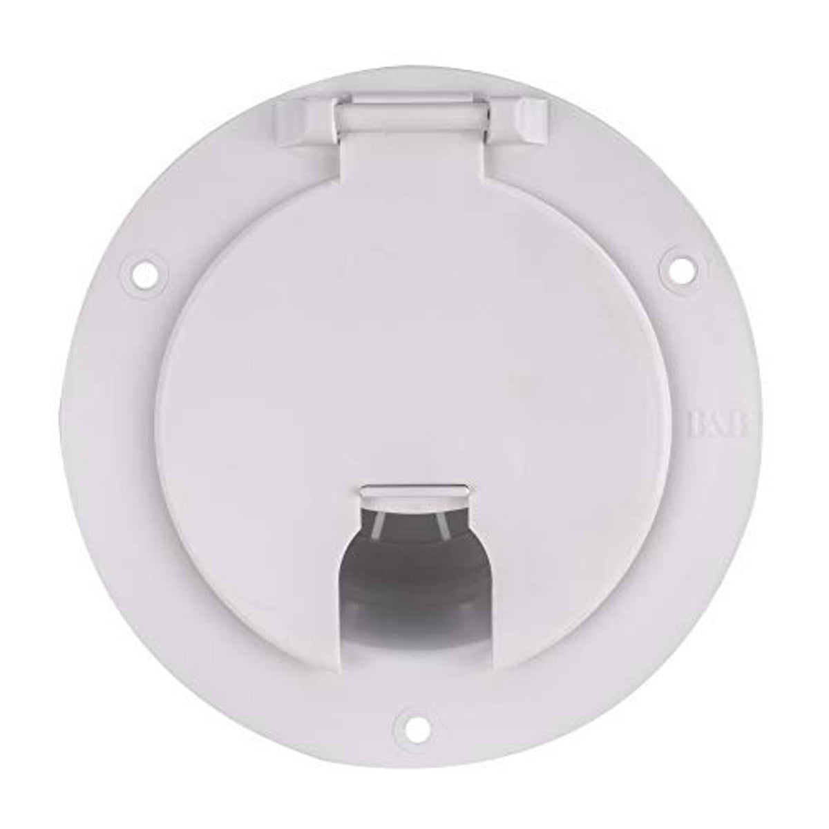 White RV power cord hatch cover back plate with circular rim and inlet