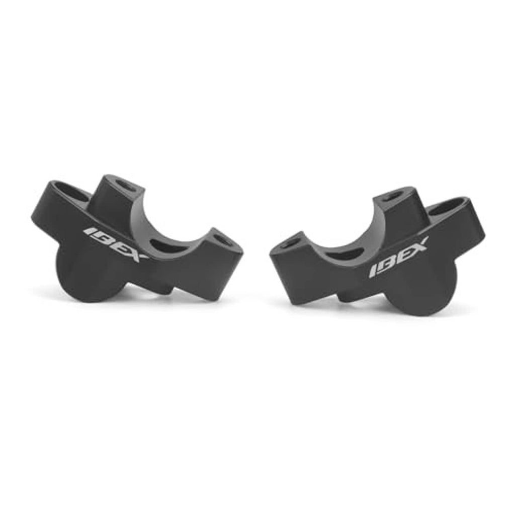 Black handlebar risers, front and side view, with circular bolt holes and IBEX logo