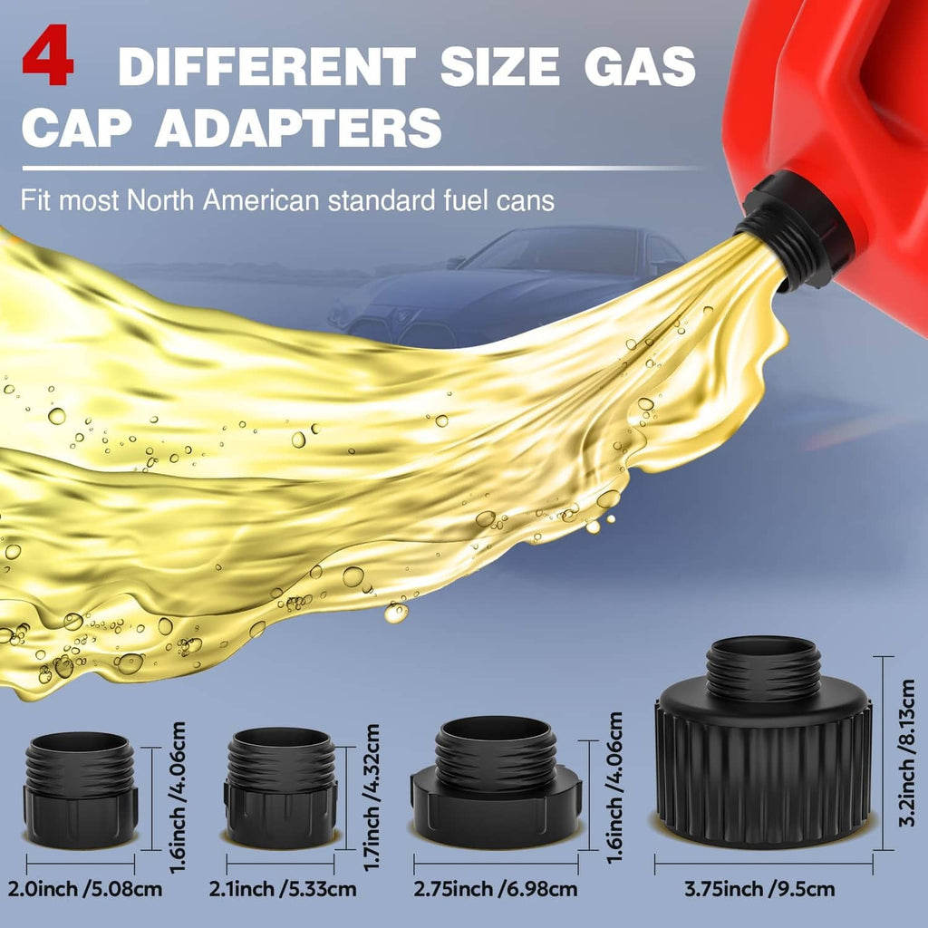 Red fuel transfer pump with gas cap adapters and nozzle, showing adapter sizes