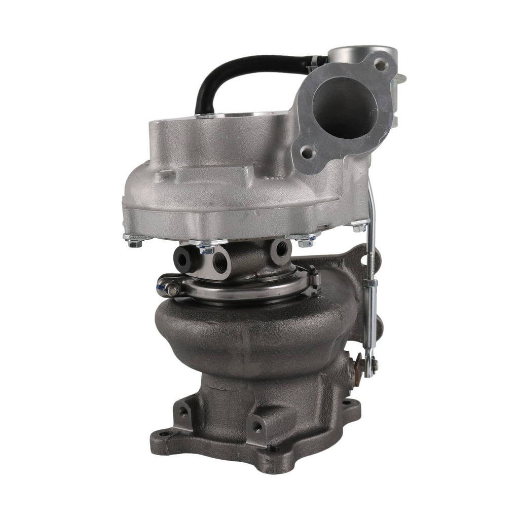 Turbocharger assembly with large compressor housing, black hose, and mounting bolts