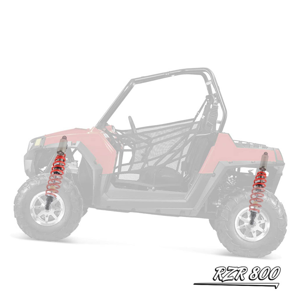 Shocks absorbers for off-road UTV shown on a side view with red coil springs