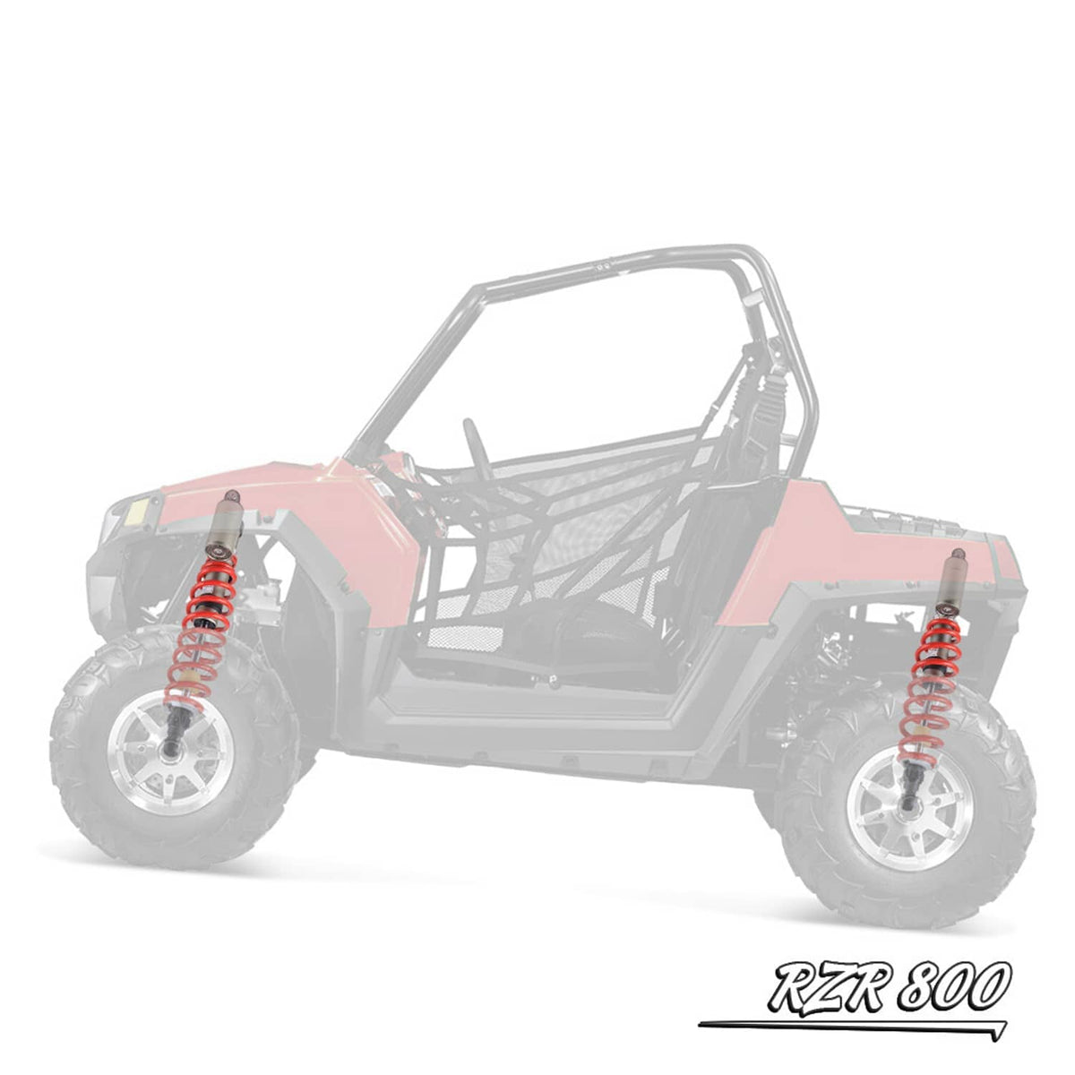 Shocks absorbers for off-road UTV shown on a side view with red coil springs