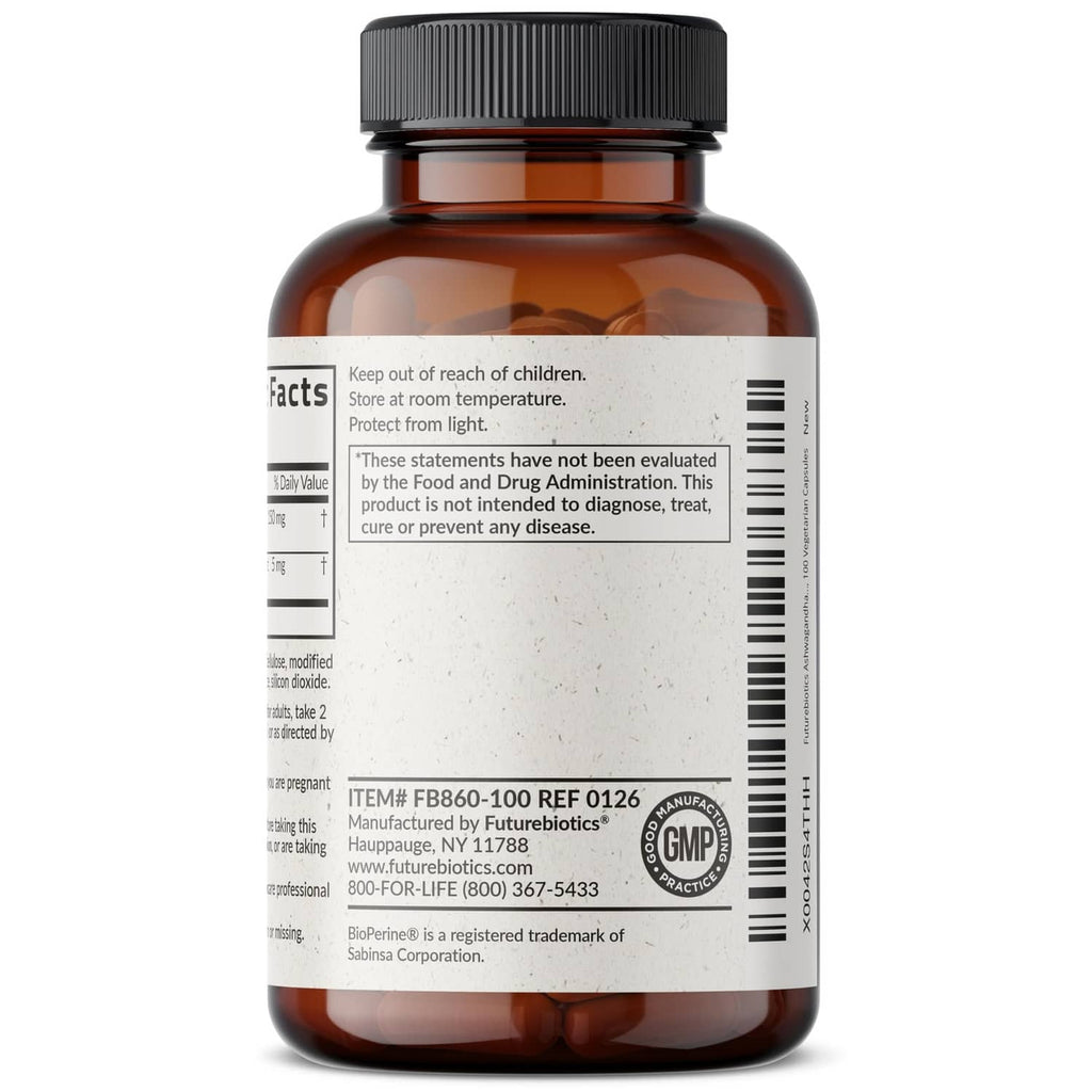 Ashwagandha extra strength supplement bottle back with barcode and GMP seal