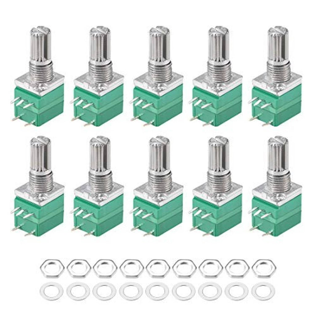 Rotary potentiometer switches set, green body blocks, metal shafts, solder lugs, hex nuts