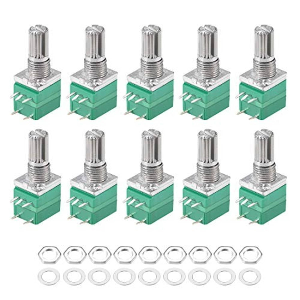 Rotary potentiometer switches set, green body blocks, metal shafts, solder lugs, hex nuts