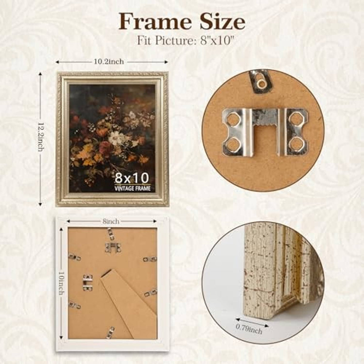 Distressed champagne-silver 8x10 picture frame with mounting hardware shown