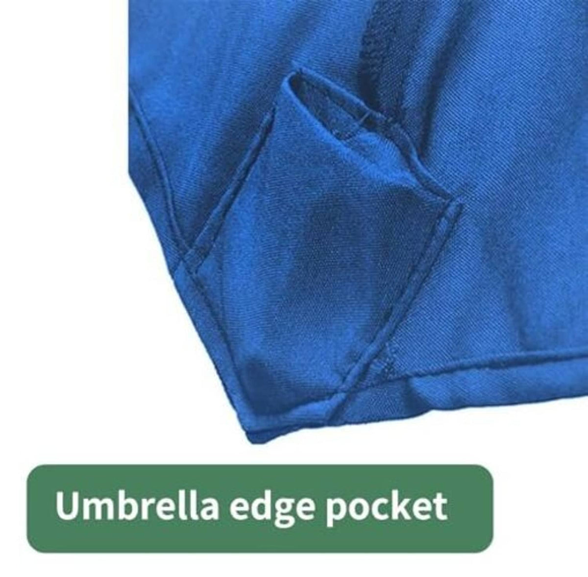 Blue umbrella edge pocket detail on outdoor canopy fabric